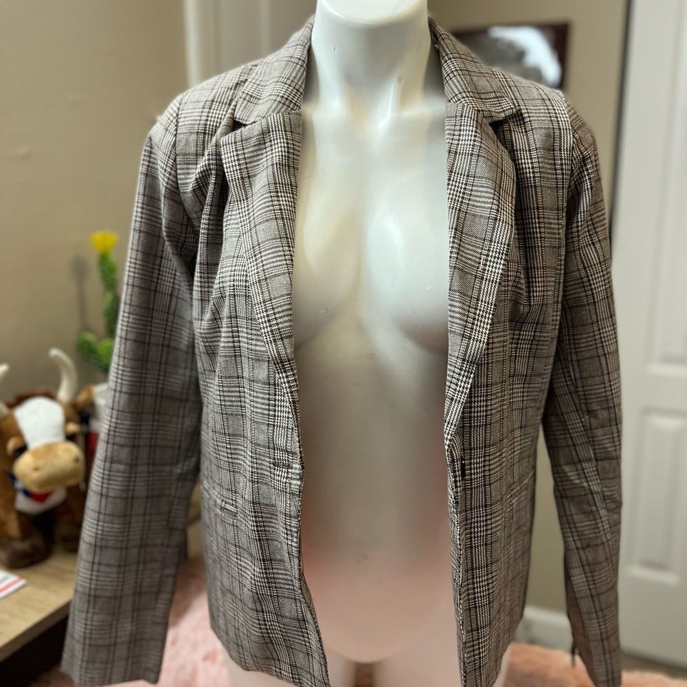Chocolate USA Plaid Open Front Blazer Jacket Women’s Size S Brown Tan Lined - Picture 4 of 9
